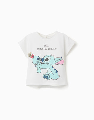 Cotton T-shirt with Stitch and Scrump print for baby girls, white