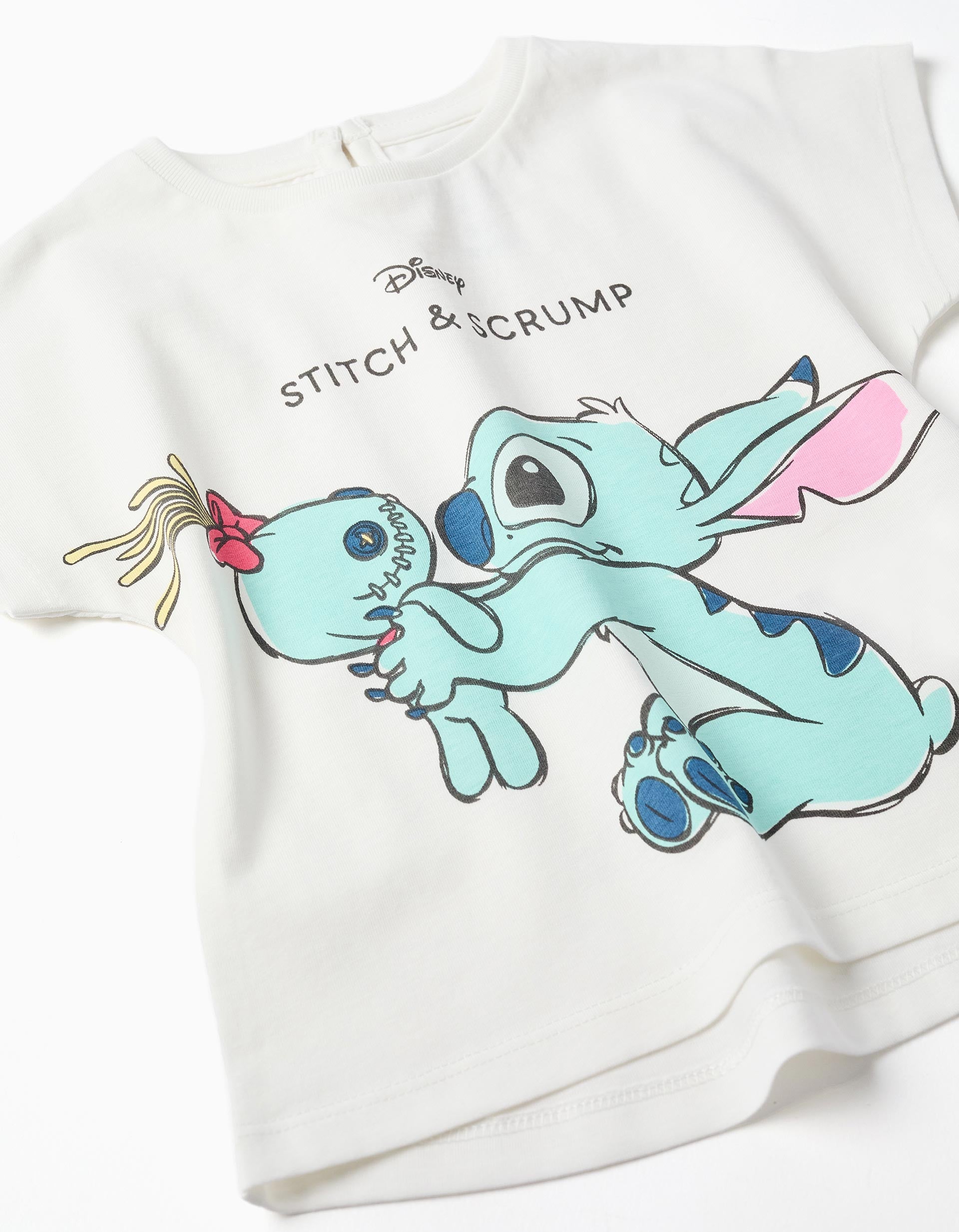 Camiseta de algodón con estampado Stitch y Scrump para bebé niña, blanco