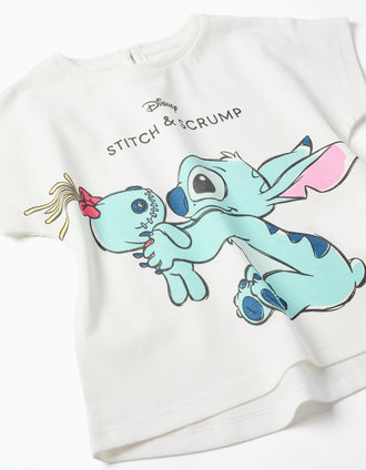 Cotton T-shirt with Stitch and Scrump print for baby girls, white