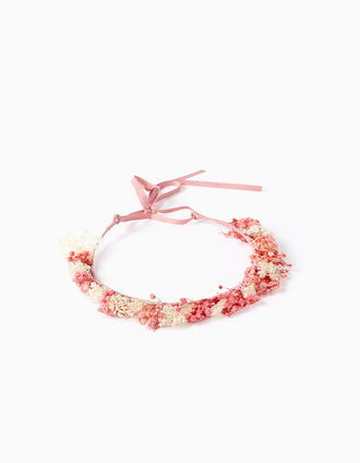 Corona con aplicación de flores y tiras para niña, rosa/blanco