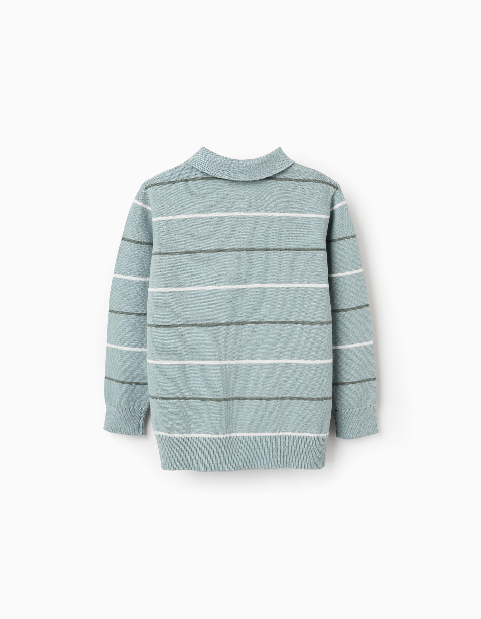 Knitted jumper with polo collar and stripes for boys, light green
