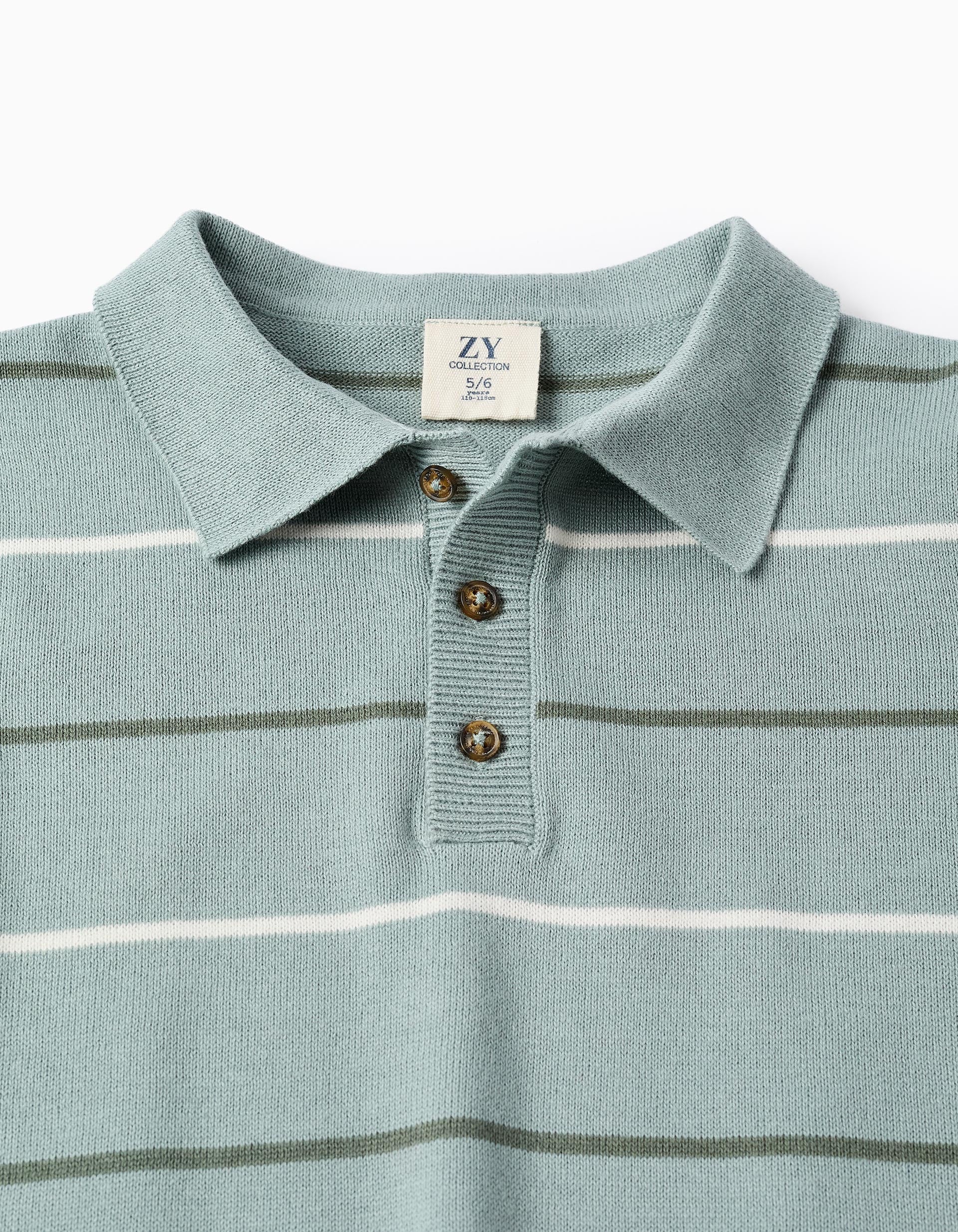 Knitted jumper with polo collar and stripes for boys, light green
