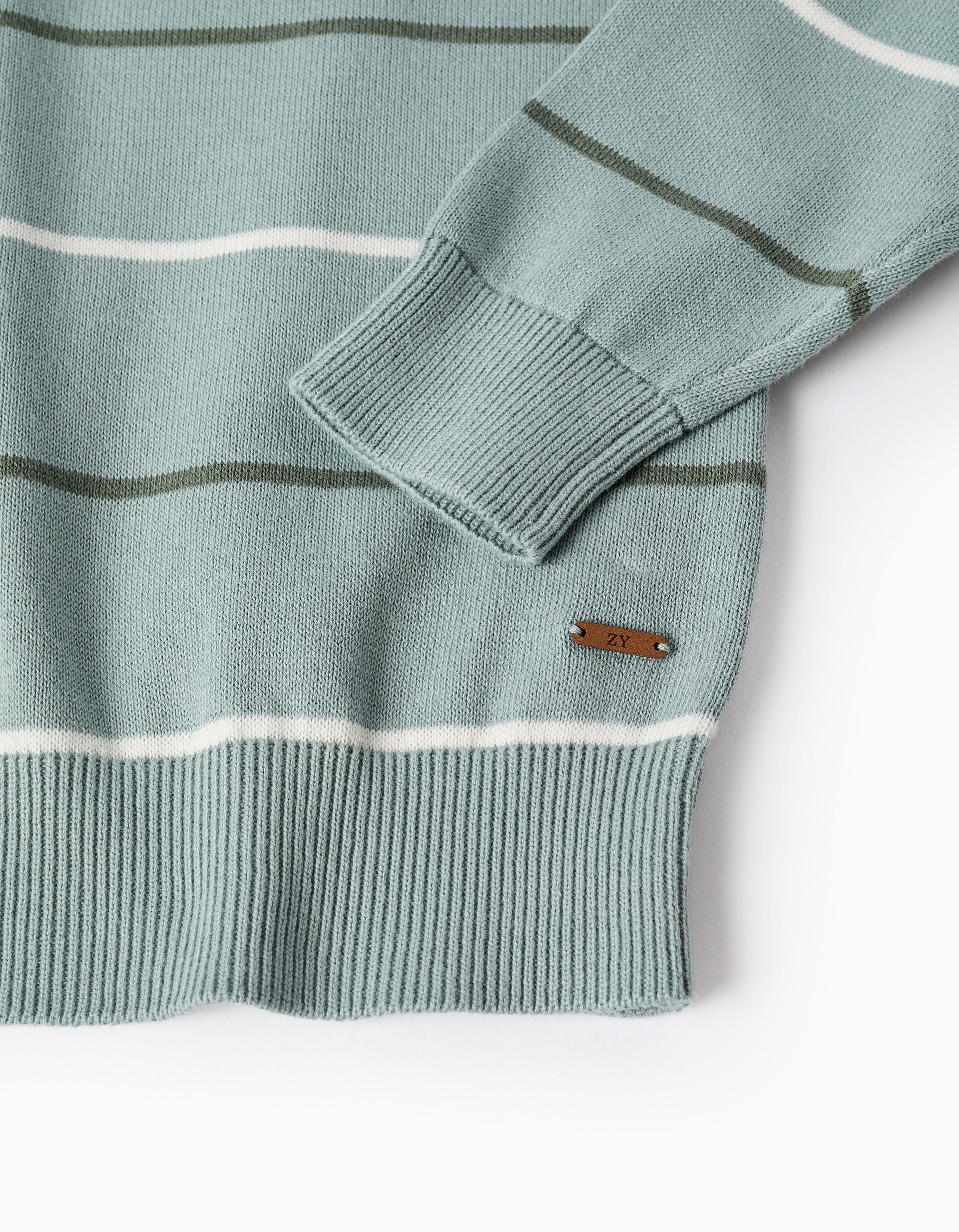 Knitted jumper with polo collar and stripes for boys, light green