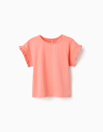 Cotton T-shirt with ruffled sleeves for baby girls, light coral