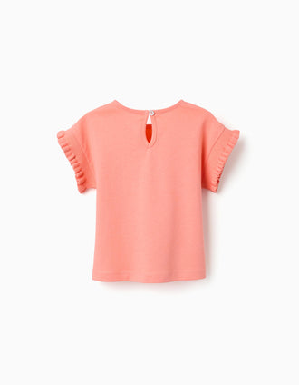 Cotton T-shirt with ruffled sleeves for baby girls, light coral