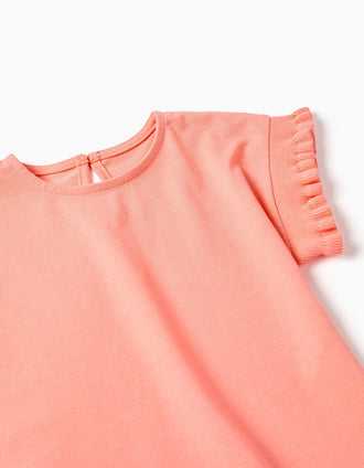 Cotton T-shirt with ruffled sleeves for baby girls, light coral