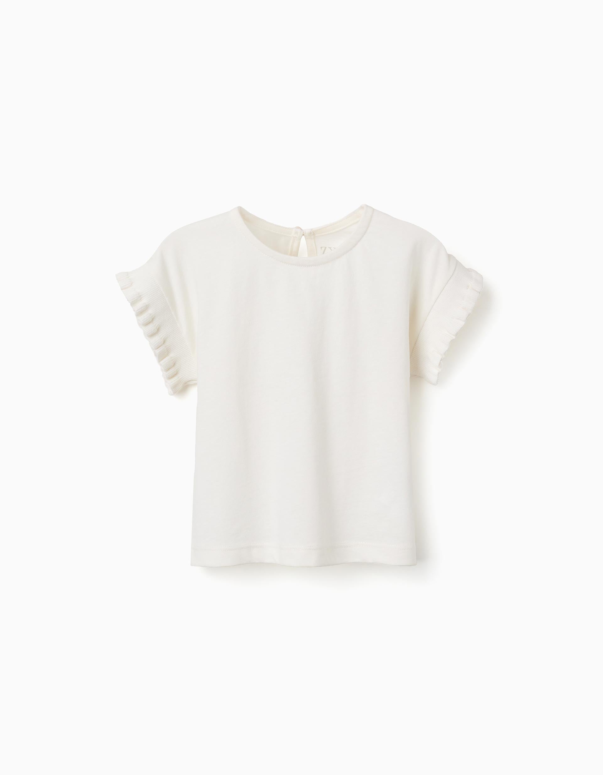 Cotton T-shirt with ruffled sleeves for baby girls, white