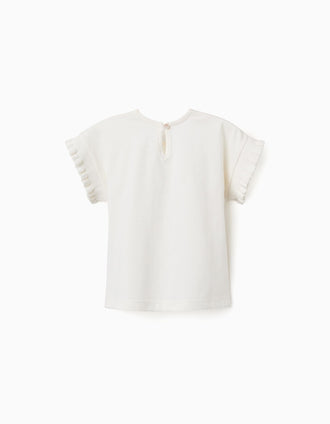 Cotton T-shirt with ruffled sleeves for baby girls, white