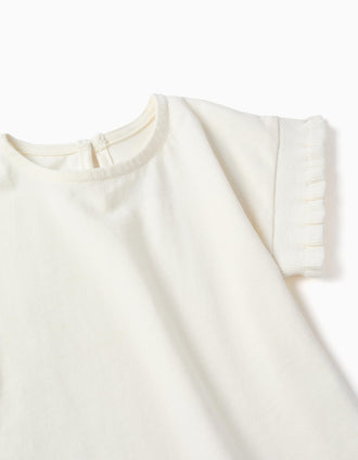 Cotton T-shirt with ruffled sleeves for baby girls, white