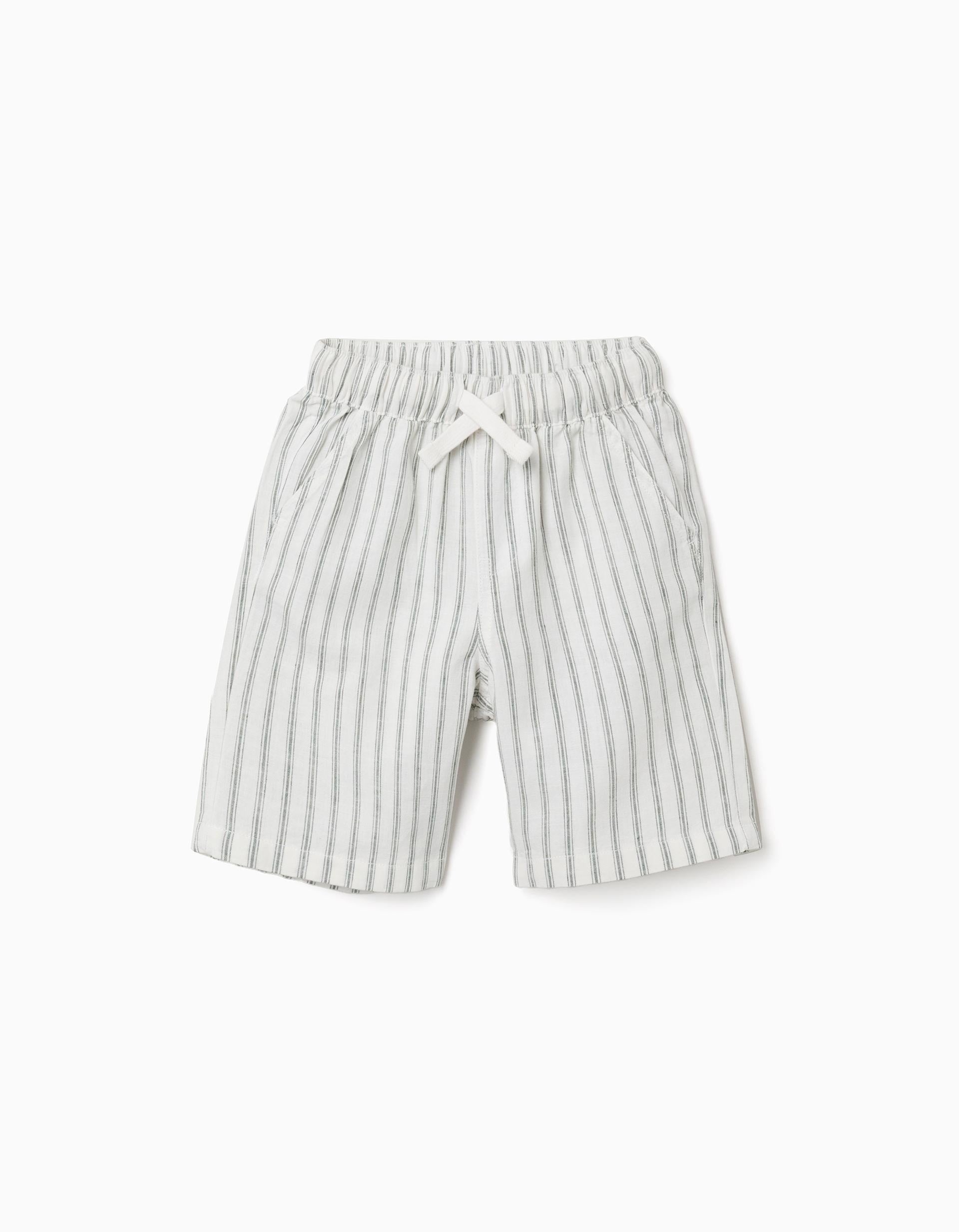 Calções midi em linho às riscas com cordão para menino, branco/verde