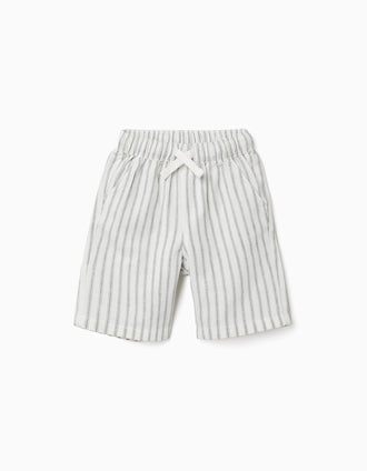 Calções midi em linho às riscas com cordão para menino, branco/verde