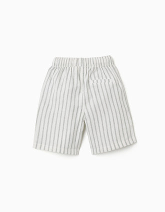 Calções midi em linho às riscas com cordão para menino, branco/verde