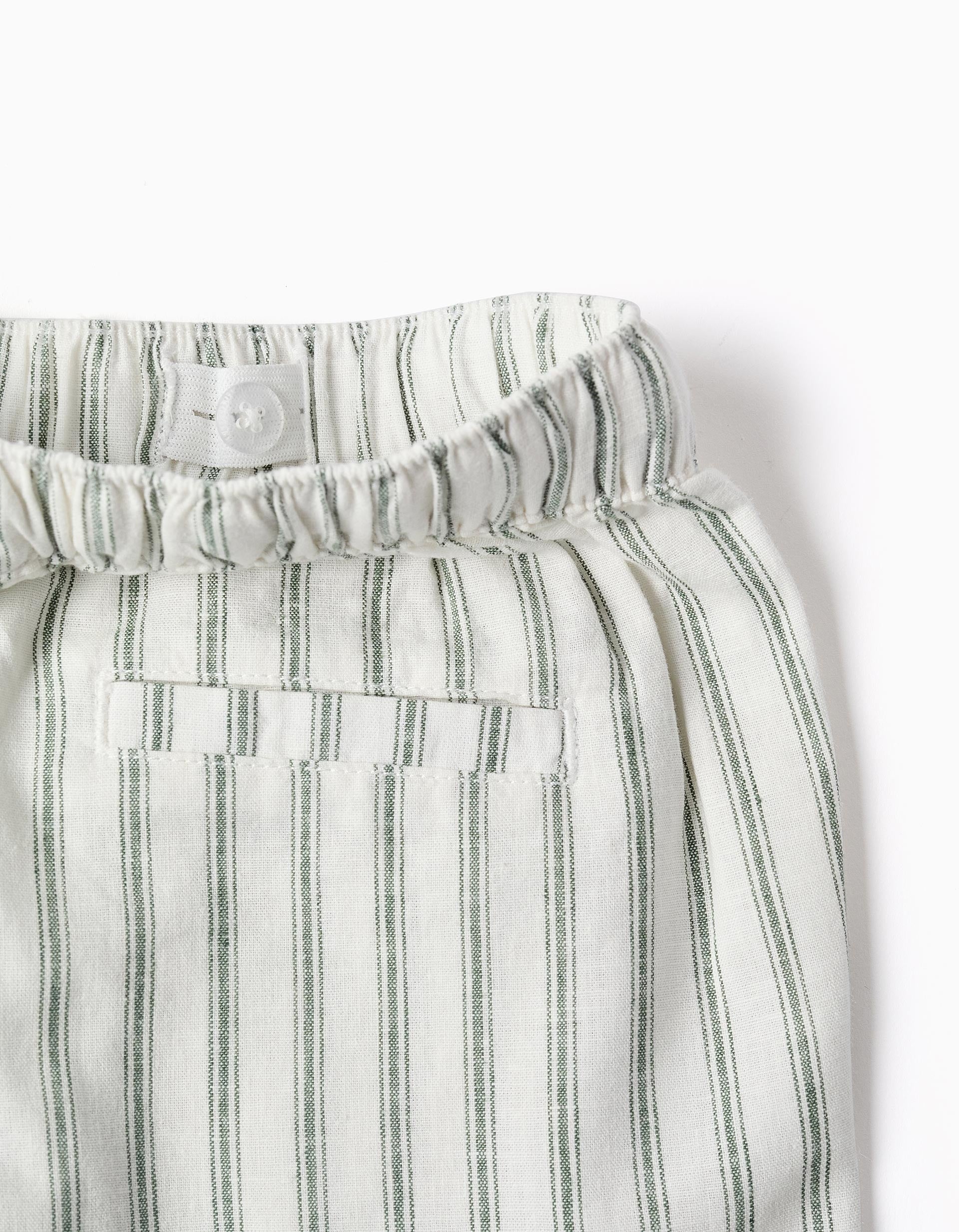 Calções midi em linho às riscas com cordão para menino, branco/verde