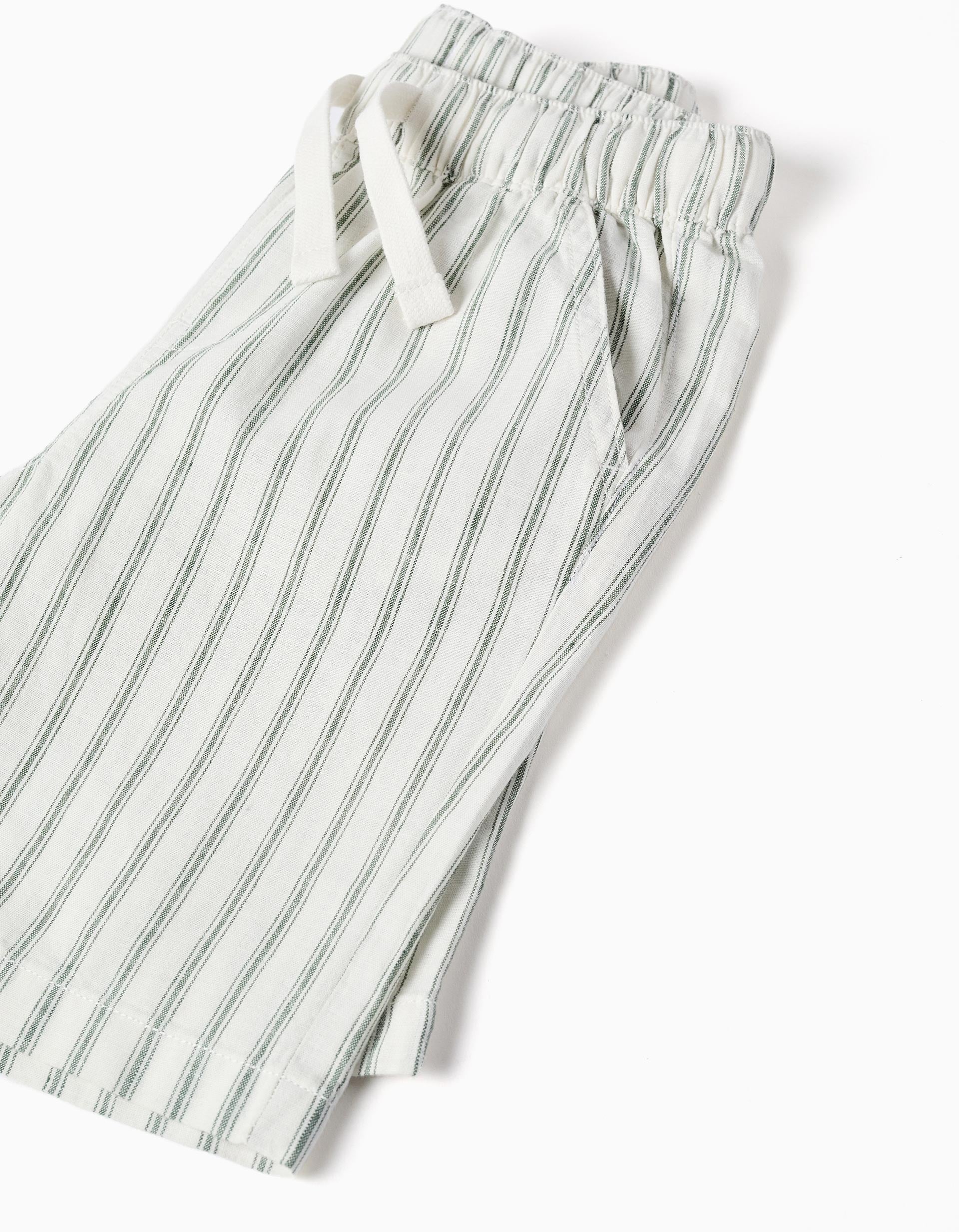 Calções midi em linho às riscas com cordão para menino, branco/verde