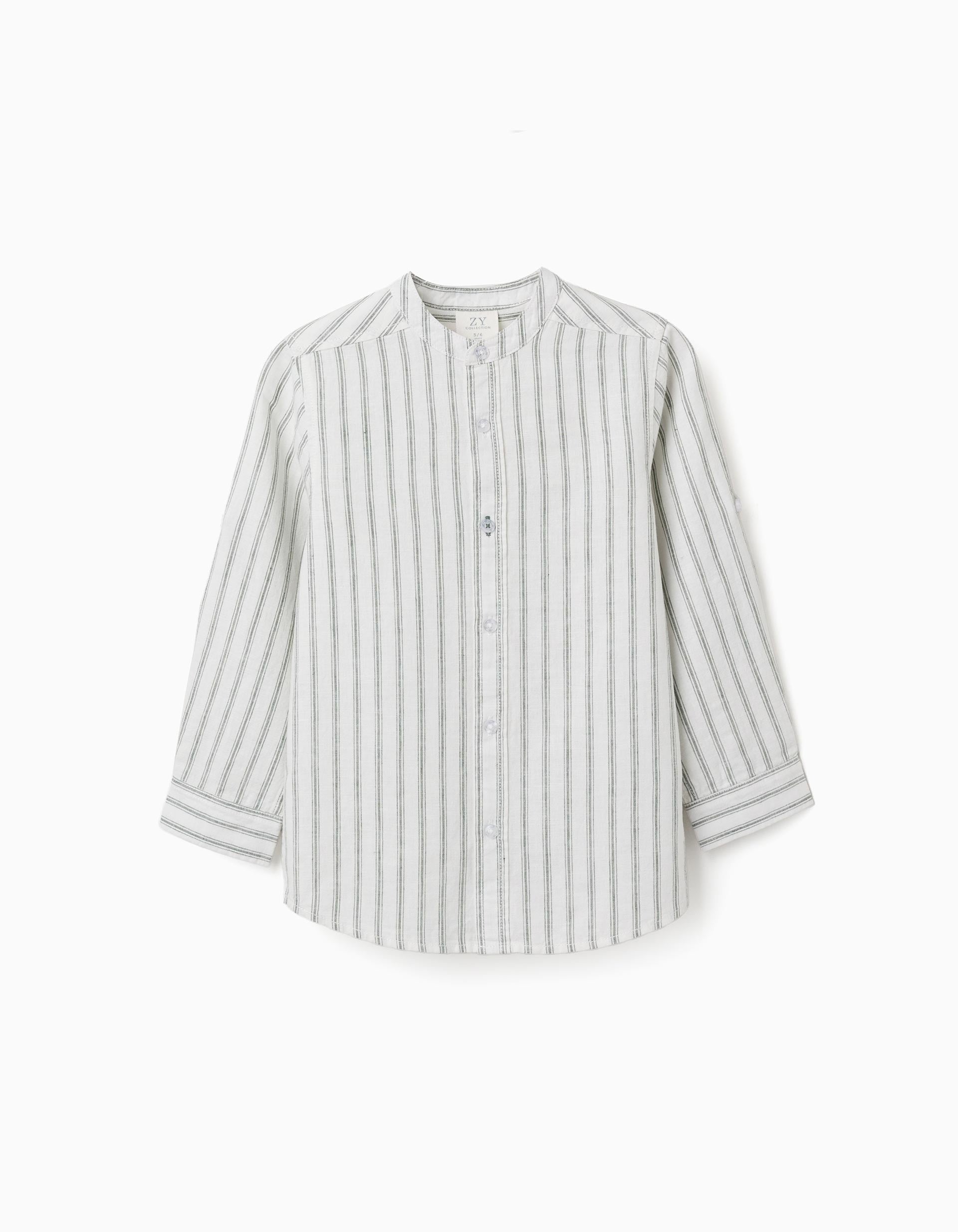Camisa de manga comprida em linho às riscas para menino, branco/verde
