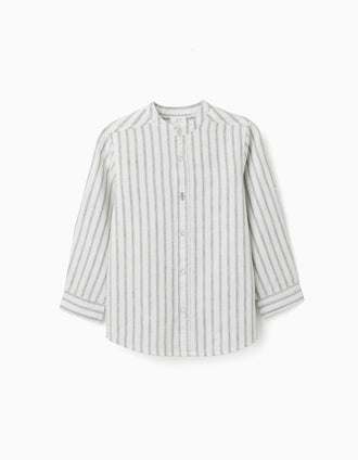 Camisa de manga comprida em linho às riscas para menino, branco/verde