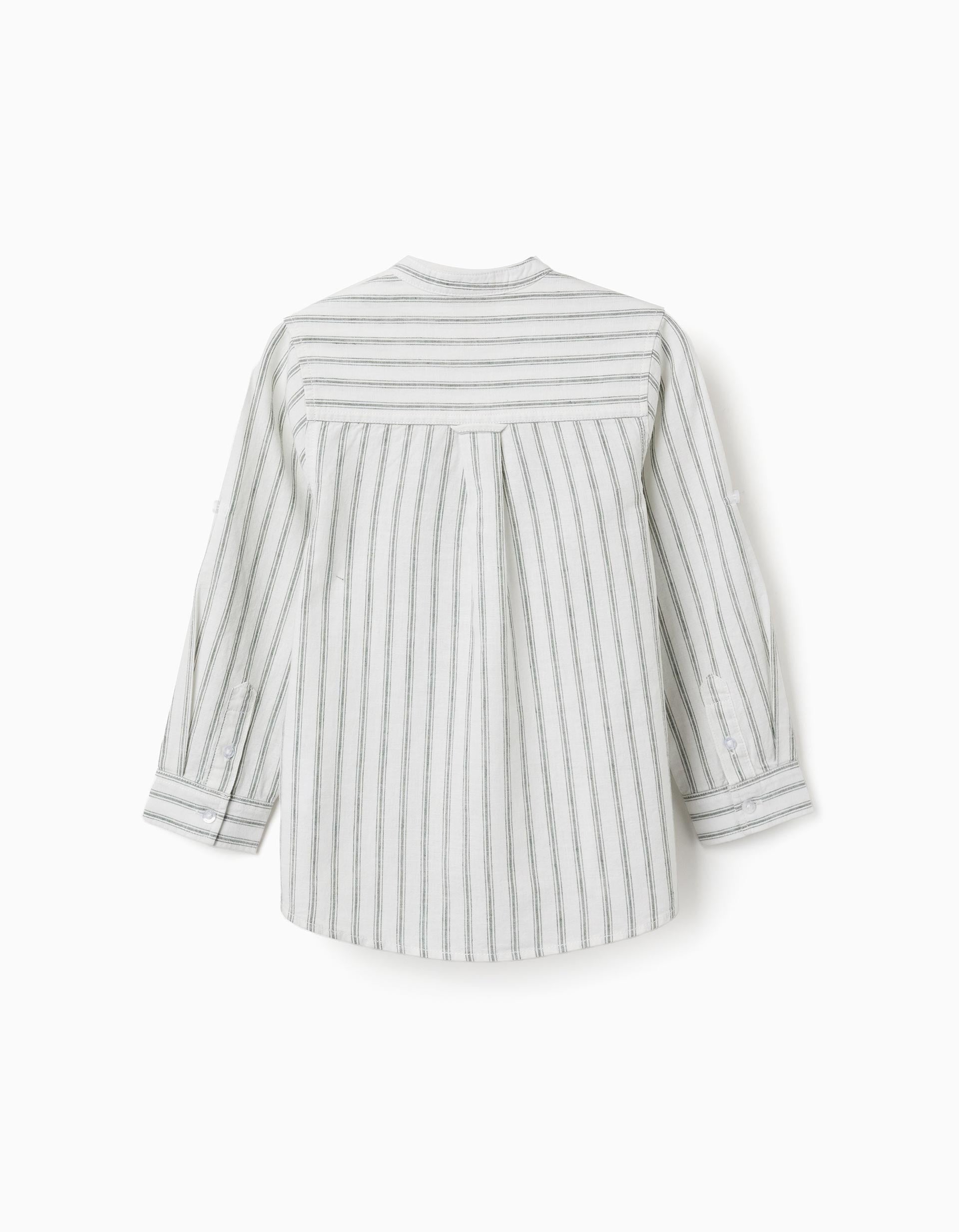 Camisa de manga comprida em linho às riscas para menino, branco/verde