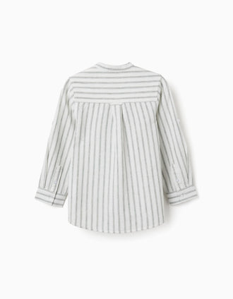 Camisa de manga comprida em linho às riscas para menino, branco/verde