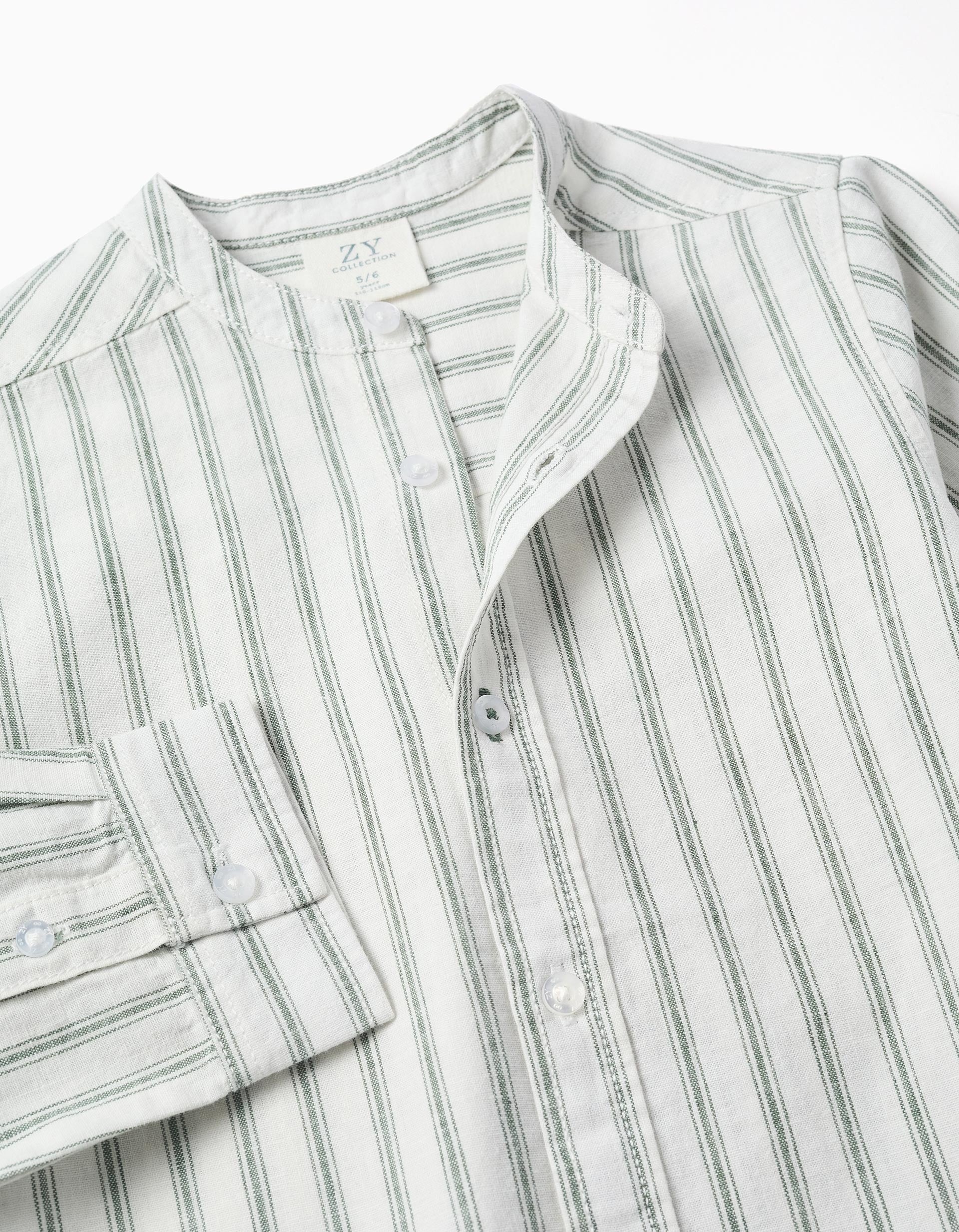 Camisa de manga comprida em linho às riscas para menino, branco/verde