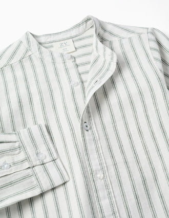 Camisa de manga comprida em linho às riscas para menino, branco/verde