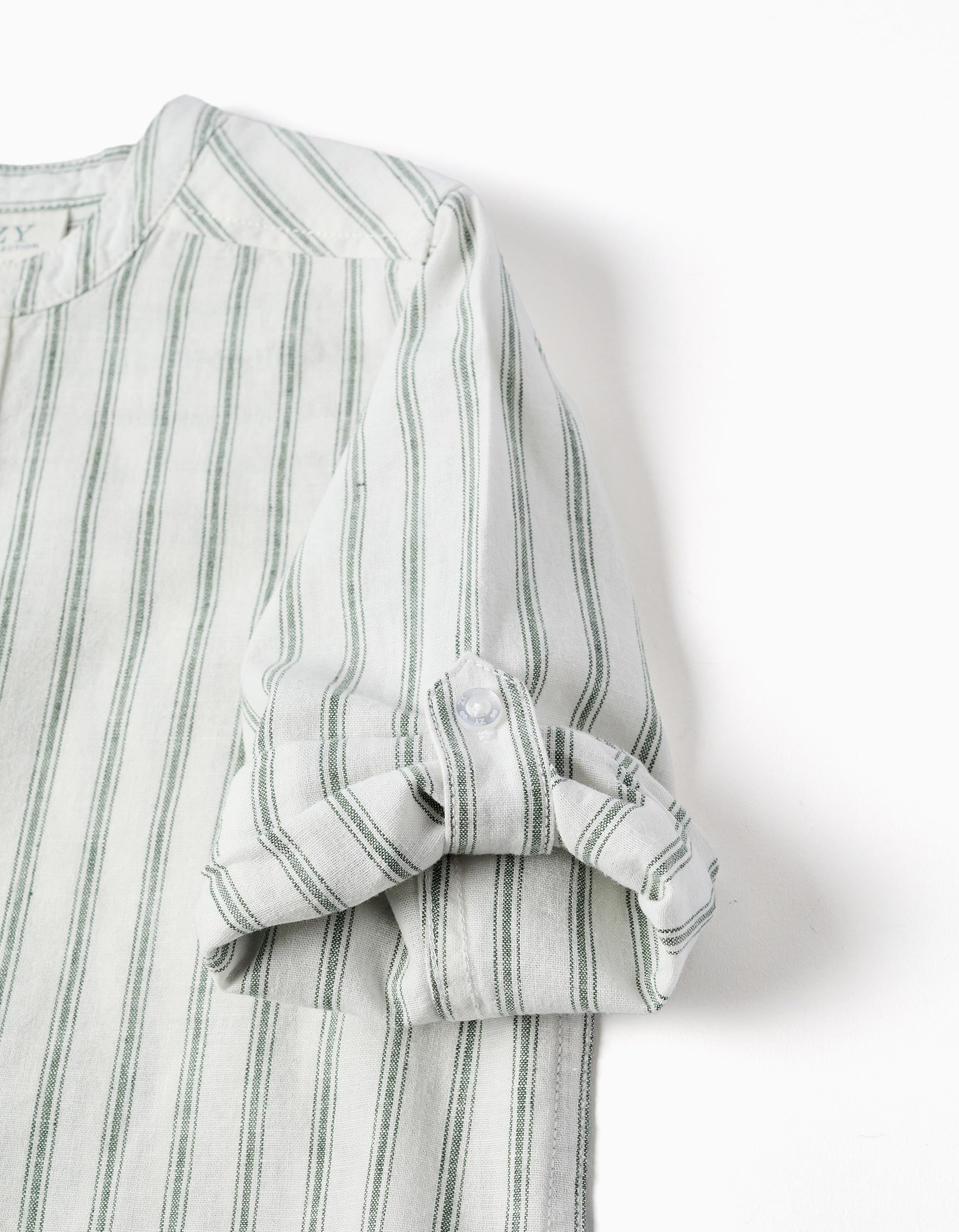 Camisa de manga comprida em linho às riscas para menino, branco/verde