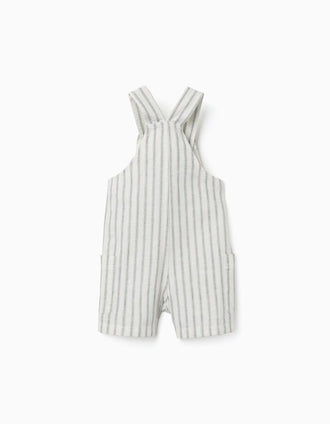 Jardineiras em linho às riscas com bolsos para bebé menino, branco/verde