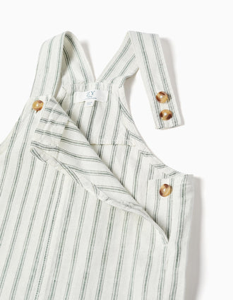 Jardineiras em linho às riscas com bolsos para bebé menino, branco/verde
