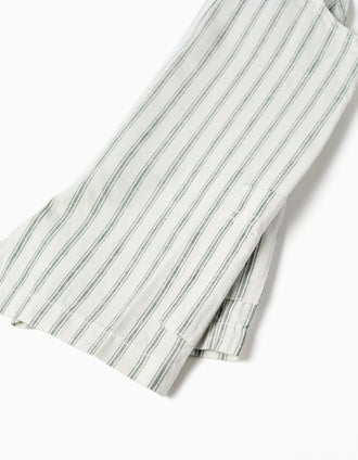 Jardineiras em linho às riscas com bolsos para bebé menino, branco/verde