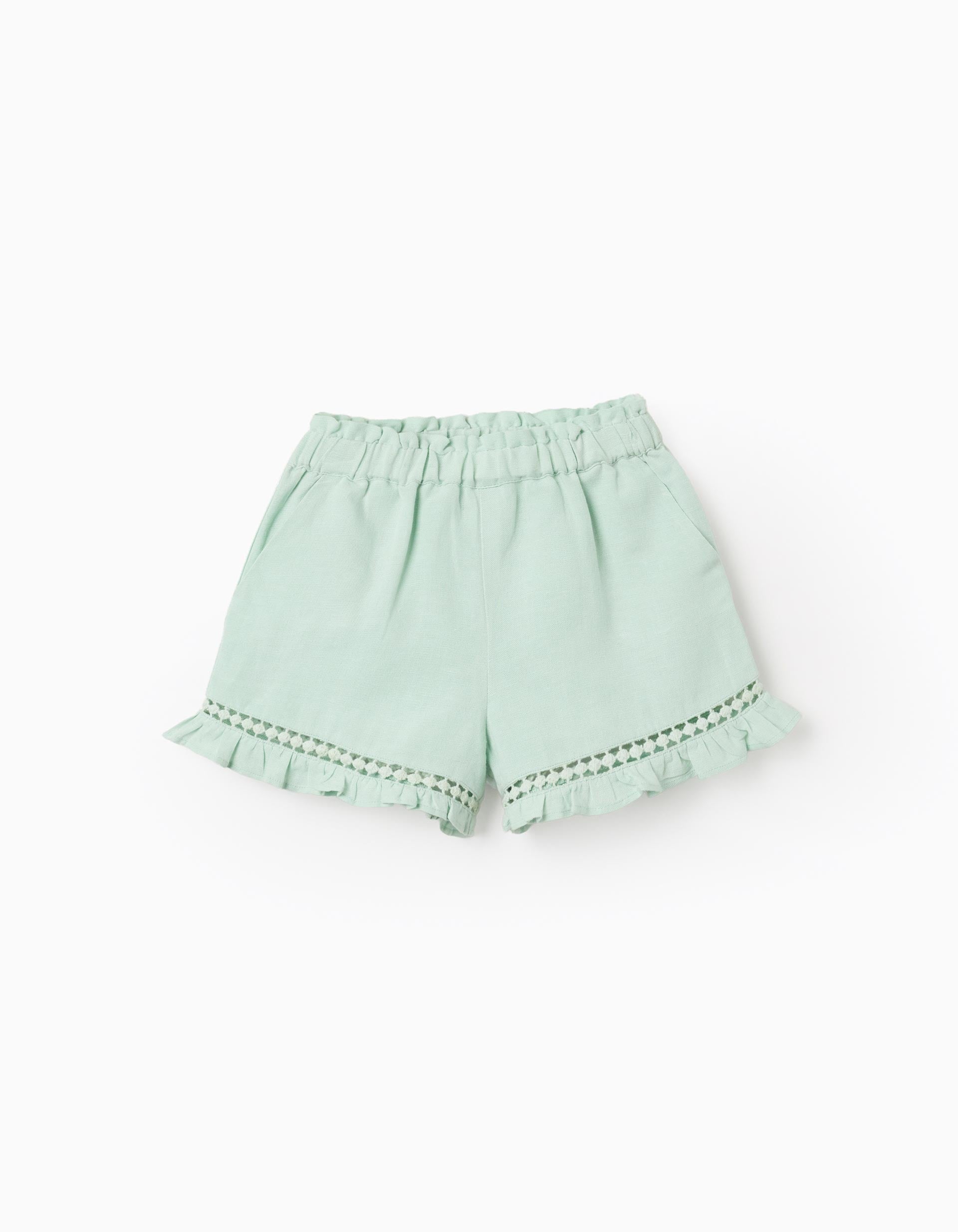 Short en coton et lin avec ourlet à volants pour bébé fille, vert clair