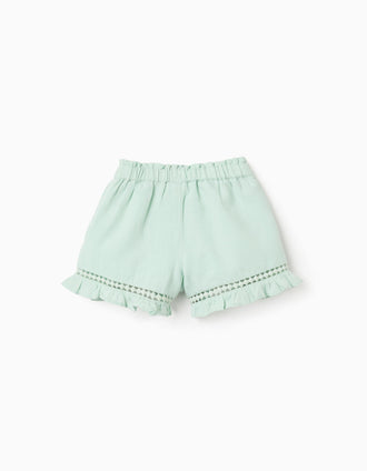Short en coton et lin avec ourlet à volants pour bébé fille, vert clair