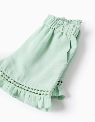 Short en coton et lin avec ourlet à volants pour bébé fille, vert clair