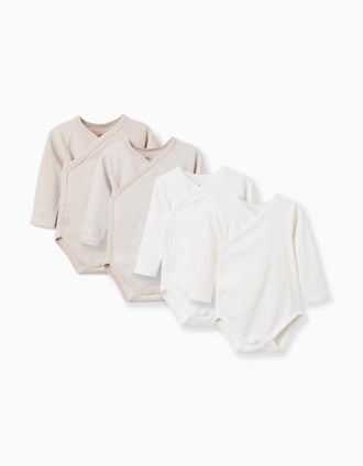 Pack of 4 wrapover cotton bodysuits for newborns, white/beige