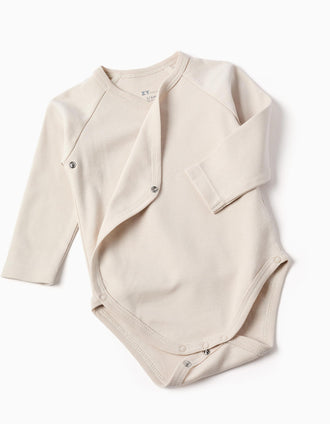 Pack of 4 wrapover cotton bodysuits for newborns, white/beige