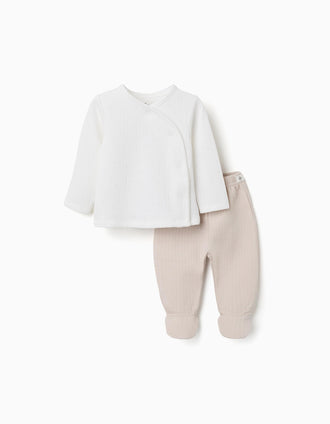 Long sleeve quilted cotton pyjamas for newborns and babies, white/beige