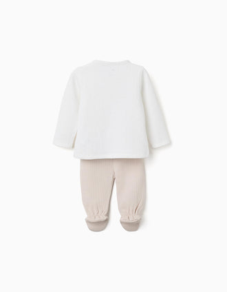Long sleeve quilted cotton pyjamas for newborns and babies, white/beige