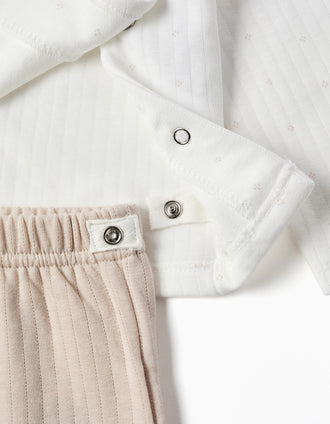 Long sleeve quilted cotton pyjamas for newborns and babies, white/beige
