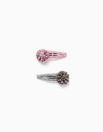 Pack de 2 ganchos com aplique de flores para menina, rosa/cinza