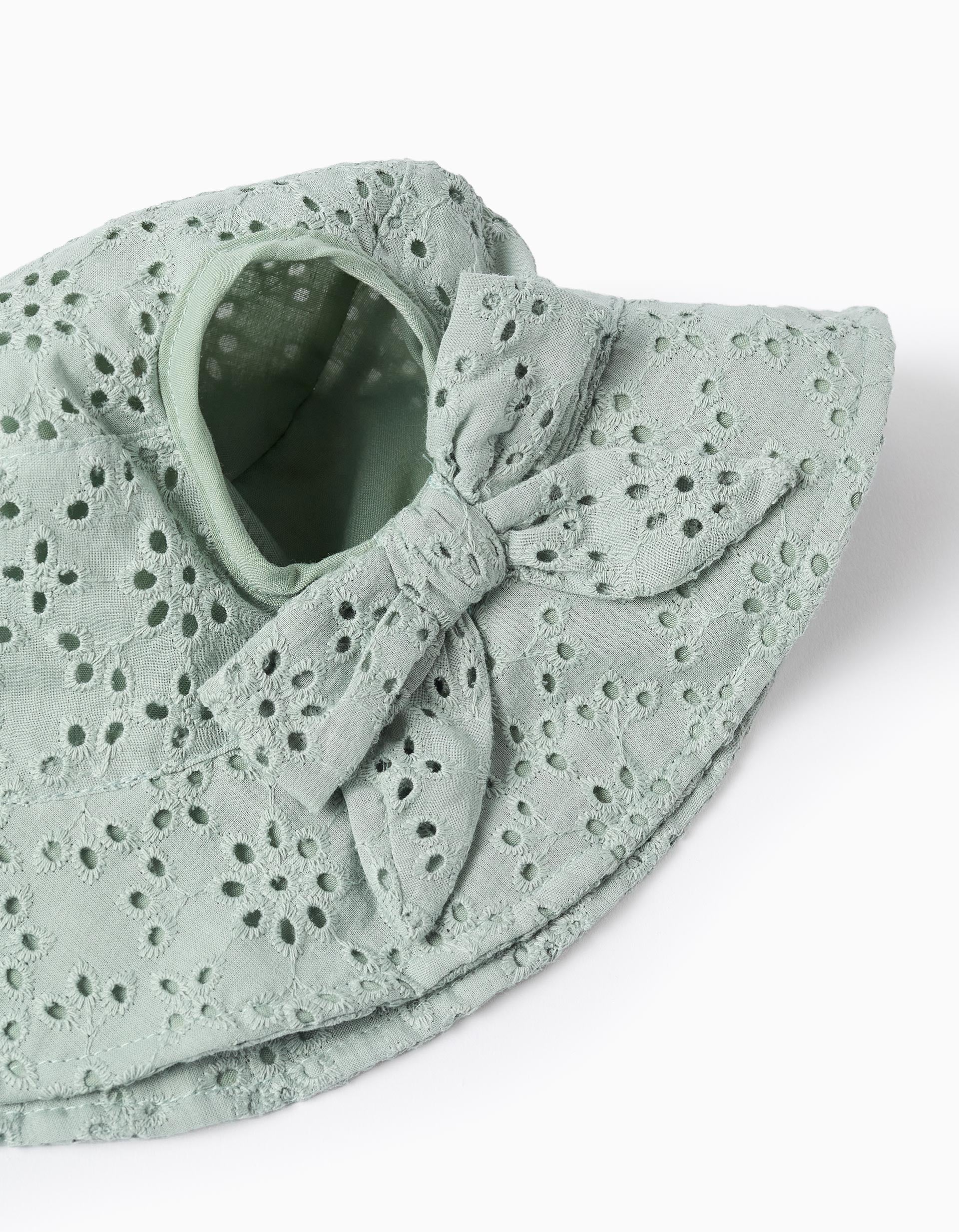 Gorro de algodón con bordado inglés para bebé y niña, verde claro