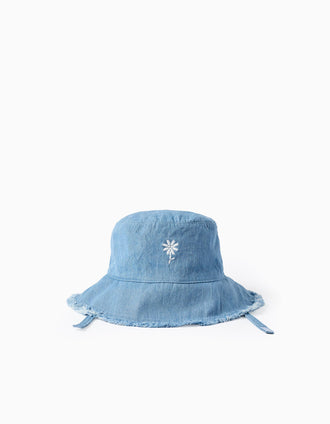 Chapéu de ganga com flor bordada para bebé e menina, azul