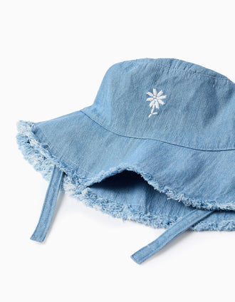 Chapéu de ganga com flor bordada para bebé e menina, azul