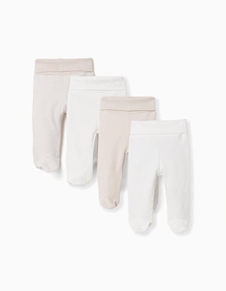 Pack of 4 footed cotton trousers for newborns, white/beige