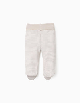 Pack of 4 footed cotton trousers for newborns, white/beige