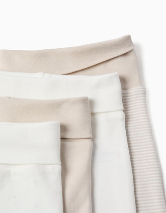 Pack of 4 footed cotton trousers for newborns, white/beige