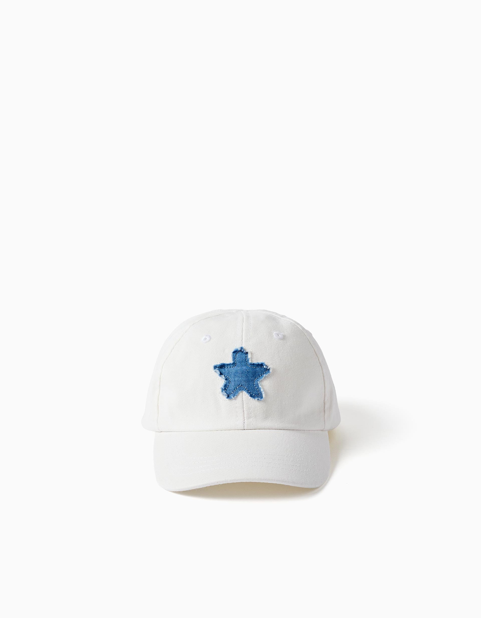 Cotton cap with denim star for girls, white/blue