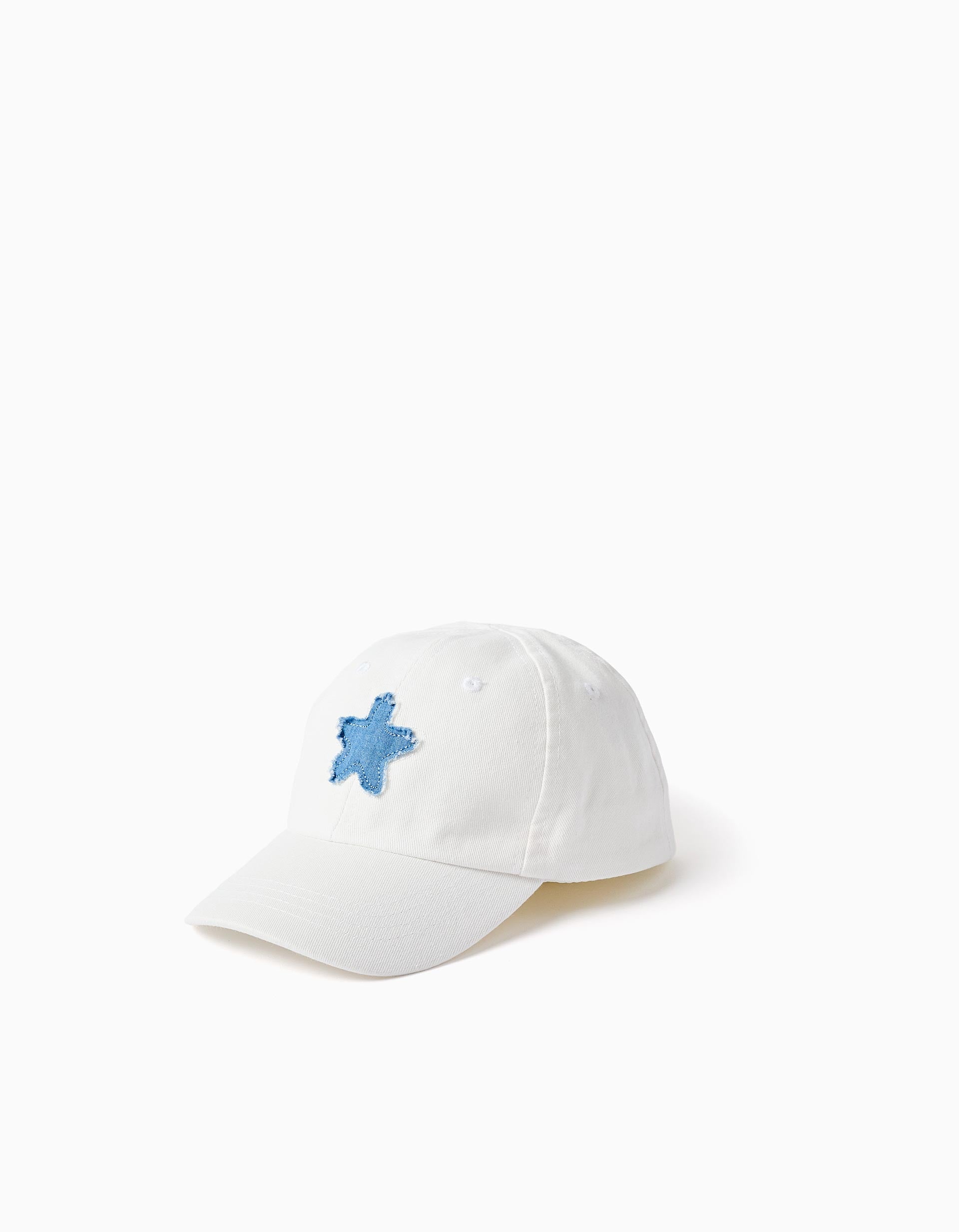 Cotton cap with denim star for girls, white/blue