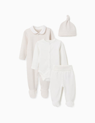 4-piece cotton set for newborns and babies, white/beige