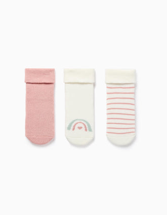 3 pares de meias com forro em turco para recém-nascida e bebé, branco/rosa