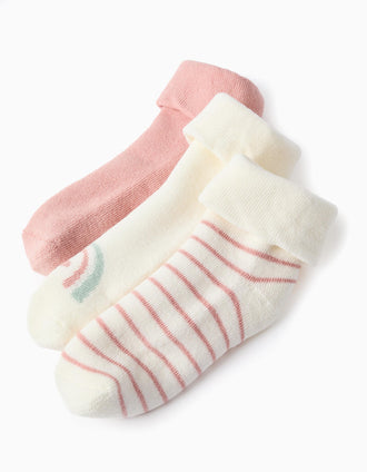 3 pares de meias com forro em turco para recém-nascida e bebé, branco/rosa