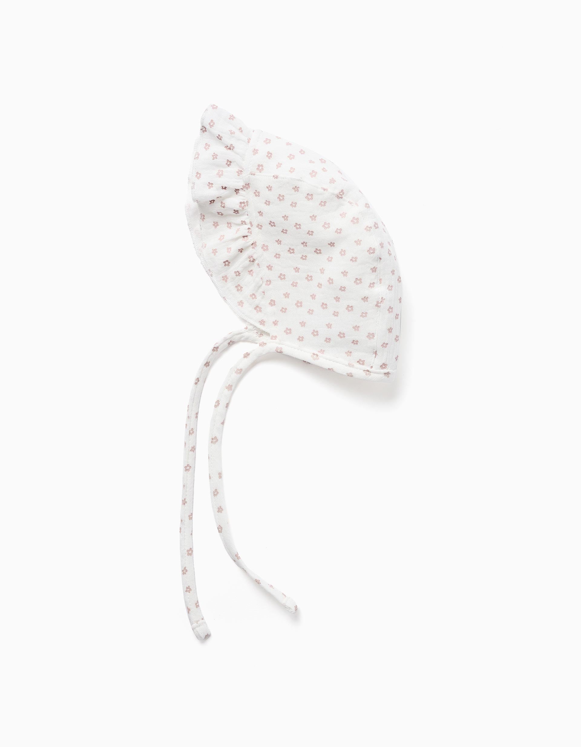 Touca de algodão com motivo floral e tiras para recém-nascida, branco
