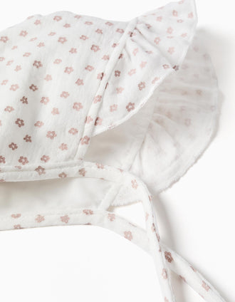 Béguin en coton avec motif floral et liens pour nouveau-née, blanc